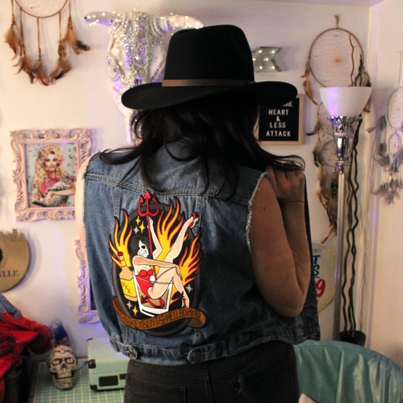 Denim Vest w/ Whiskey Bent & Hellbound Skull Pinup Patch - Picture 5 of 6